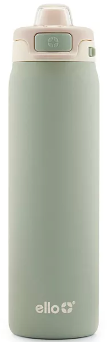 A pistachio stainless steel water bottle with a flip-top lid and a label with the brand 'ello' on it.