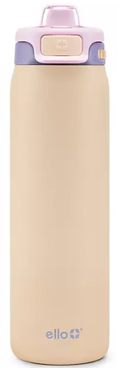 A yellow stainless steel water bottle with a flip-top lid and a label with the brand 'ello' on it.