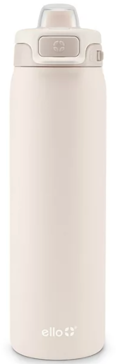 A cream stainless steel water bottle with a flip-top lid and a label with the brand 'ello' on it.